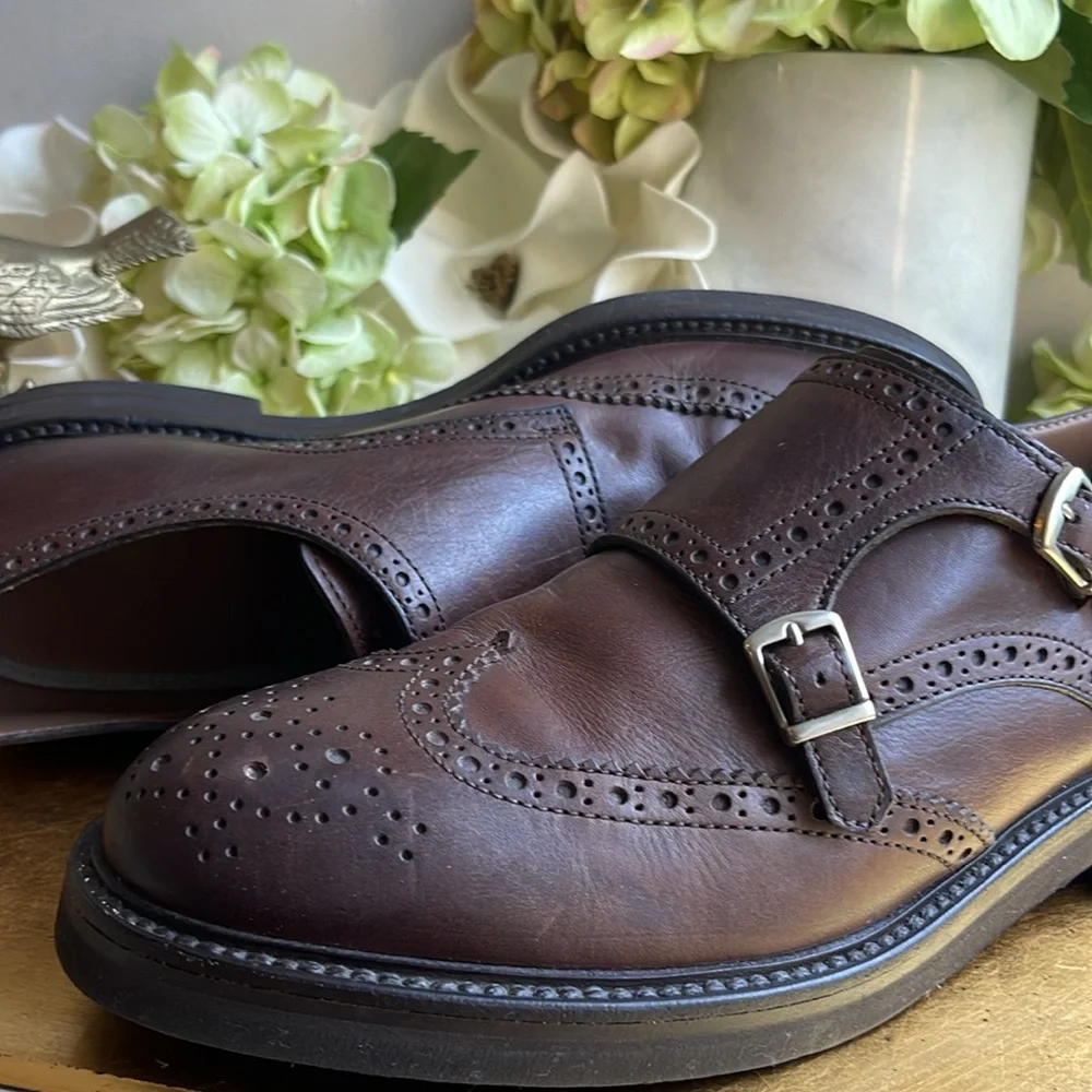 Brunello Cucinelli Brogue Wingtip Double Monk Strap Loafers in Brown Leather